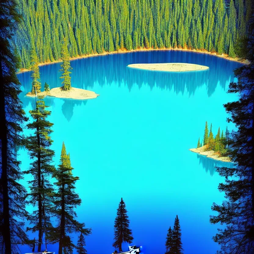 Prompt: a bright blue lake, above the lake is a glowing spirit, the spirit is illuminating a small boat in which there is a crying man, it's night time, the lake is surrounded by giant sequoias, in the sky is a comet, spiritual, magical, supernatural, digital art