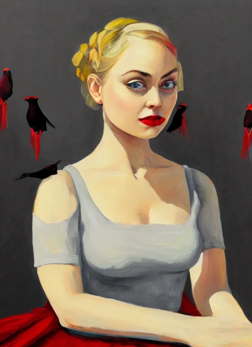 Image similar to a painting of AnnaSophia Robb, frozen cold stare, blood red background and transparent gray dress, crows as a symbol of death, in style of Edward Hopper, John Singer Sargant, American Gothic