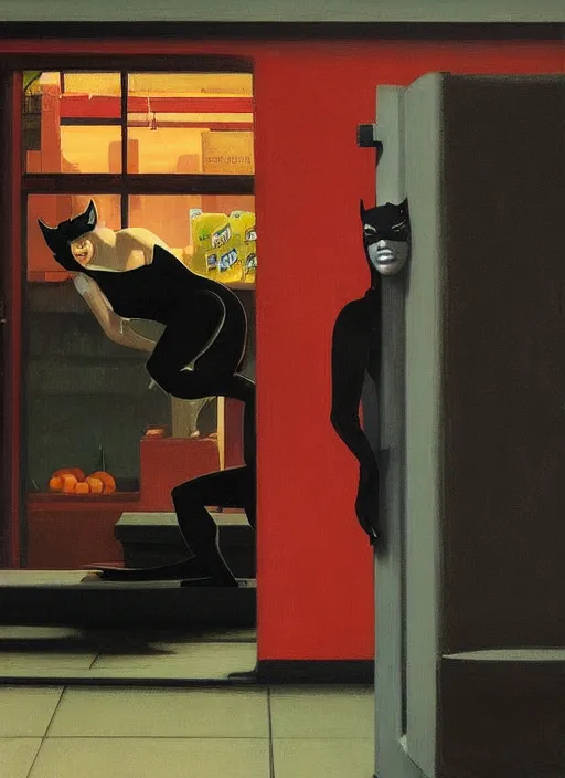 Image similar to catwoman in line at a grocery store painting by Edward Hopper and James Gilleard, Zdzislaw Beksinski highly detailed