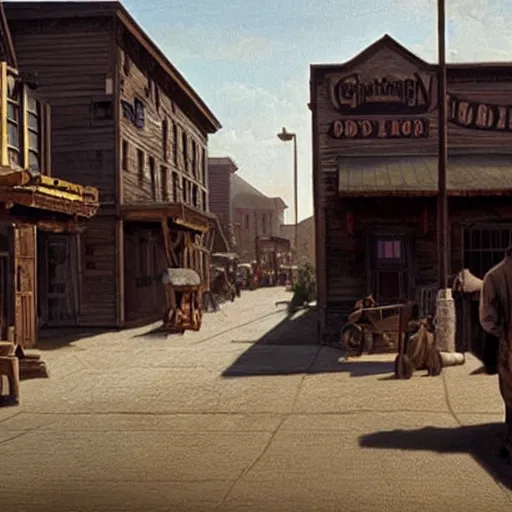 Image similar to from a movie scene, painting of a western saloon exterior on a street in old town, gregory crewdson