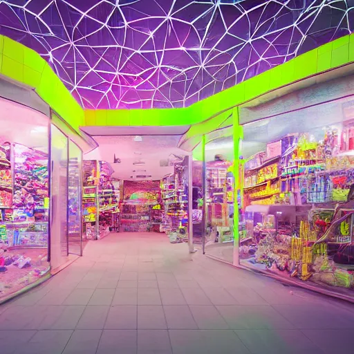 Image similar to biomaterial, architecture, futuristic, neon, pastel colors, hd 8 k, detailed, abandoned, overgrown, candy shop in a mall, candies, spilling