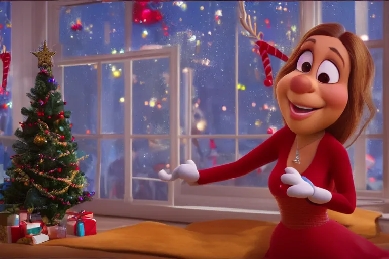Prompt: mariah carey in a pixar film, bokeh, christmas, disney animation, vray, 4 k uhd