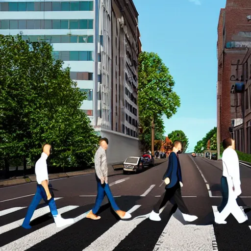 Image similar to 4 men walking on crosswalk on abbey road, city, digital art, 8 k.