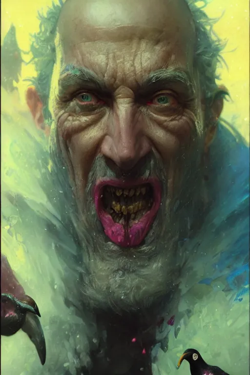 Image similar to an evil old wizard eating rainbow colored penguins, extreme close up insane face portrait dnd, painting by gaston bussiere, craig mullins, greg rutkowski, yoji shinkawa