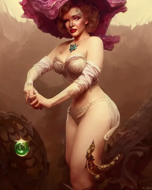 Image similar to Marilyn Monroe, D&D, fantasy, intricate, elegant, highly detailed, digital painting, artstation, concept art, matte, sharp focus, illustration, hearthstone, art by Artgerm and Greg Rutkowski and Alphonse Mucha