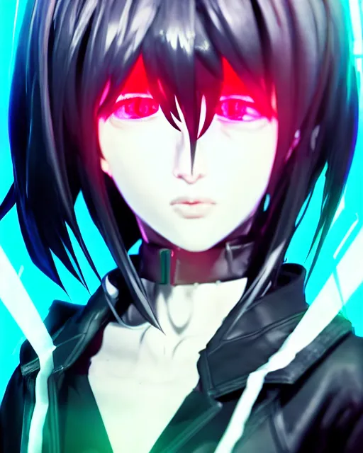 Prompt: beautiful portrait of black rock shooter facing the camera centered in the style of a code vein character, momo from twice in code vein in the style of WLOP, artgerm, yasutomo oka, rendered in unreal engine and redshift octane , background is surrounded by epic neon glitch effect digital art dynamic dramatic lighting, soft lighting, imagine fx, artstation, cgsociety, by Bandai Namco artist,