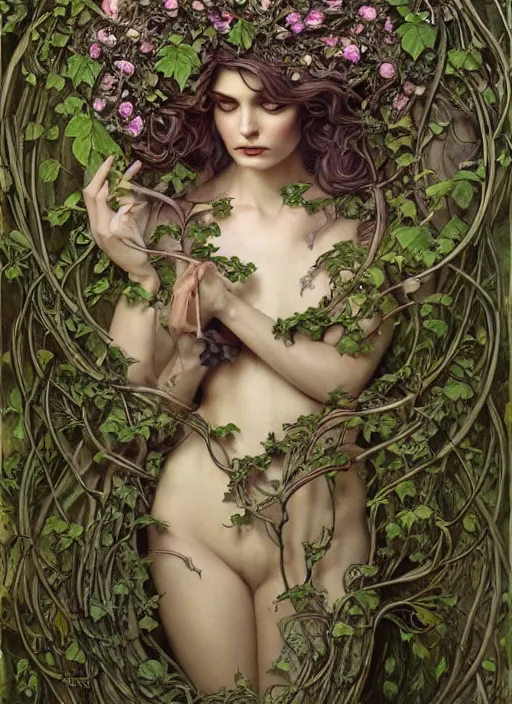 Image similar to beautiful full body art nouveau portrait of a great fairy queen, her body wrapped with ivy vines and flowers, dark fantasy esoteric, D&D, fantasy, cinematic lighting, intricate, elegant, highly detailed, digital painting, artstation, concept art, matte, sharp focus, illustration, art by Artgerm and Tom Bagshaw and Greg Rutkowski and Alphonse Mucha