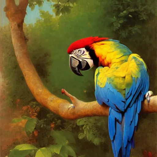 Image similar to Painting of A macaw parrot. Art by william adolphe bouguereau. During golden hour. Extremely detailed. Beautiful. 4K. Award winning.