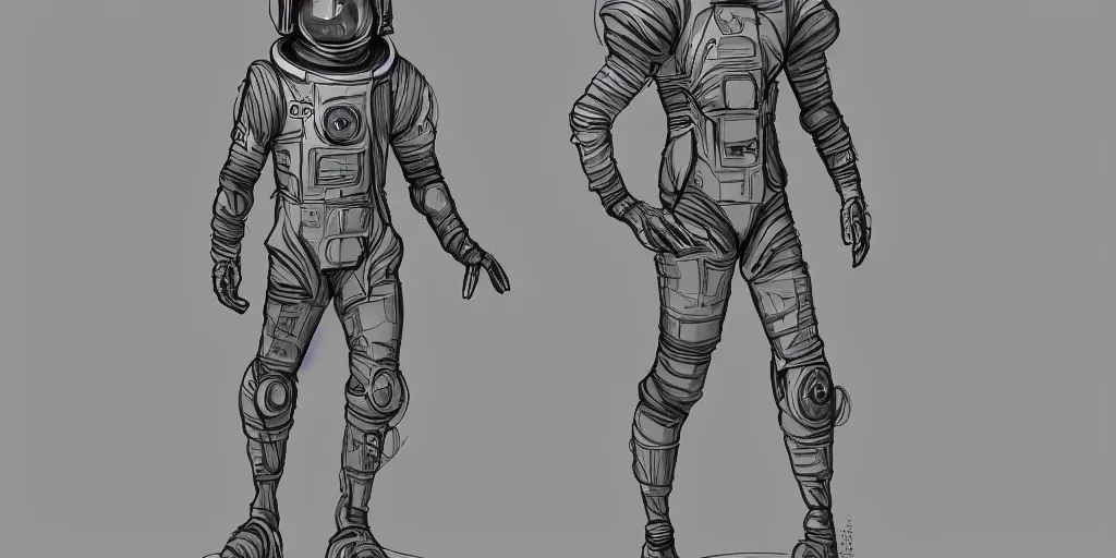 Image similar to male, fully body, elongated figure, science fiction space suit with a helmet, large shoulders, short torso, long thin legs, tiny feet, character sheet, digital sketch, hyperdetailed, dieselpunk, super stylized character design, concept design