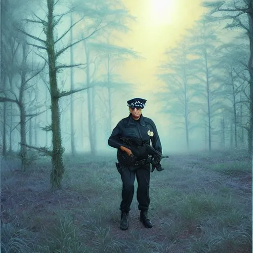 Prompt: kim kardashian as a cop, police uniform, portrait, scared emotion, haunted forest with ufo sitting in the distant fog, pretty, aesthetic, dust molecules, matte detailed photo, DeviantArt, Artstation, by donato giancola, ralph horley, loish, ufo lighting