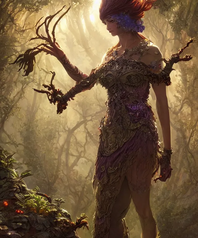 Prompt: a woman spore druid with fractal themed clothing, fully clothed, pet animal, D&D, fantasy, intricate, cinematic lighting, highly detailed, digital painting, artstation, concept art, smooth, sharp focus, illustration, art by Artgerm and Greg Rutkowski and Alphonse Mucha