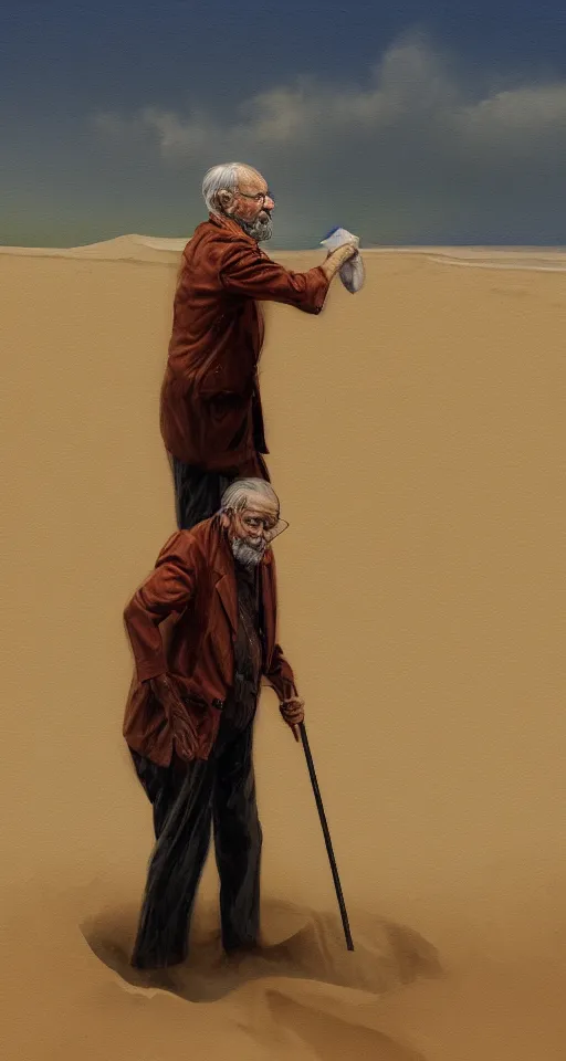 Image similar to water painting of an old man with a cane exploring a sandy dune, 4 k, detailed, surrealcore