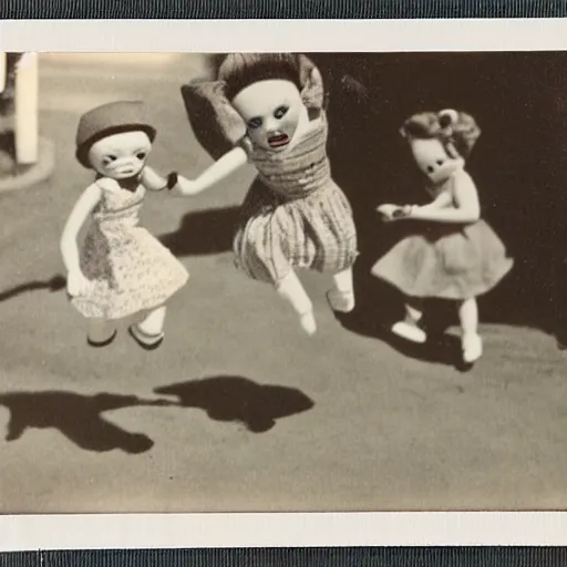 Prompt: 1 9 5 0 s, creepy dolls jumping towards viewer, horror, lost photograph, forgotten, polaroid,