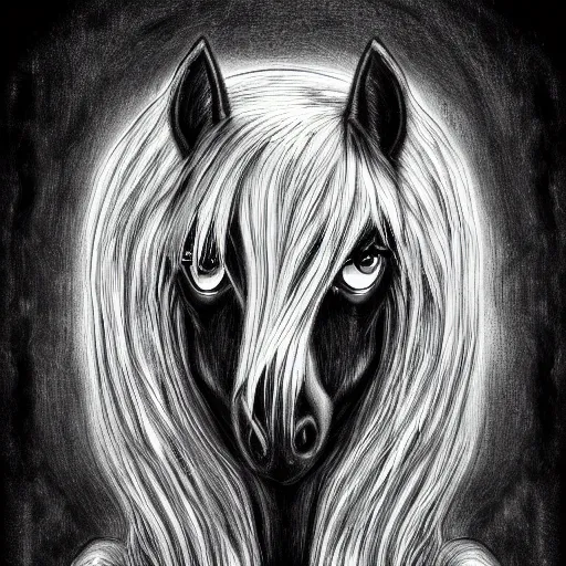 Prompt: my little pony portrait with dark fantasy style, black and white by h. r. giger