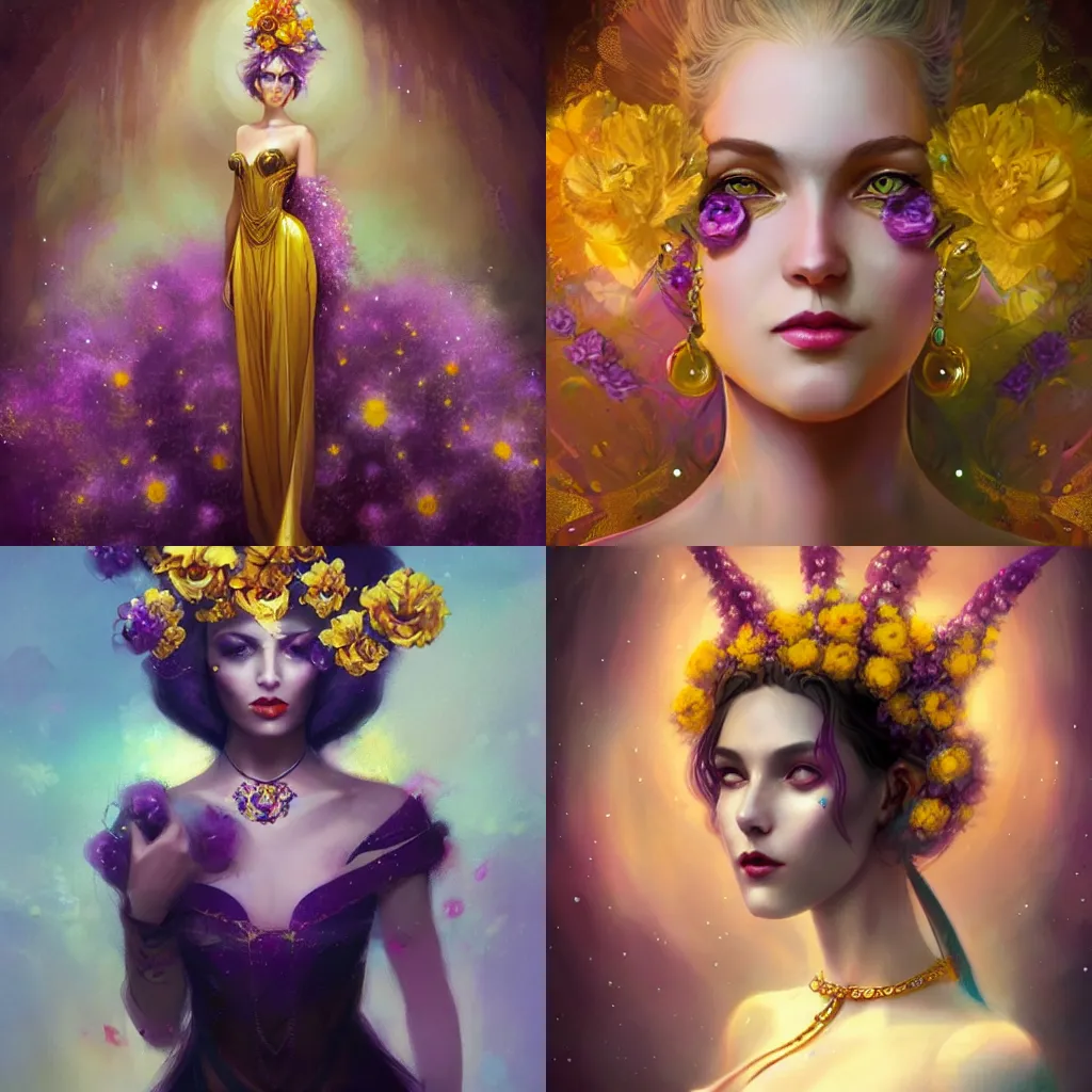 Prompt: realistic character concept of the empress with lots of jewelry and yellow and purple flowers in the face, elegant pose, scifi, illustration inspirate by charlie bowater, tom bagshaw, beautiful, elegant, dark fractal background, art deco, postprocessing