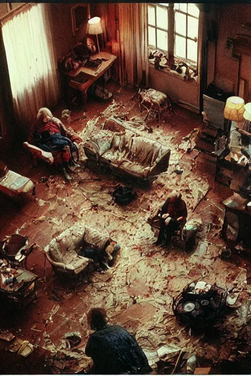 Image similar to realistic detailed image of an overhead view of an old couple sitting on a couch in old living room style of Francis Bacon and Greg Rutkowski, overhead view interior room, messy living room. Still from 1982 movie The Thing. Beksiński Masterpiece