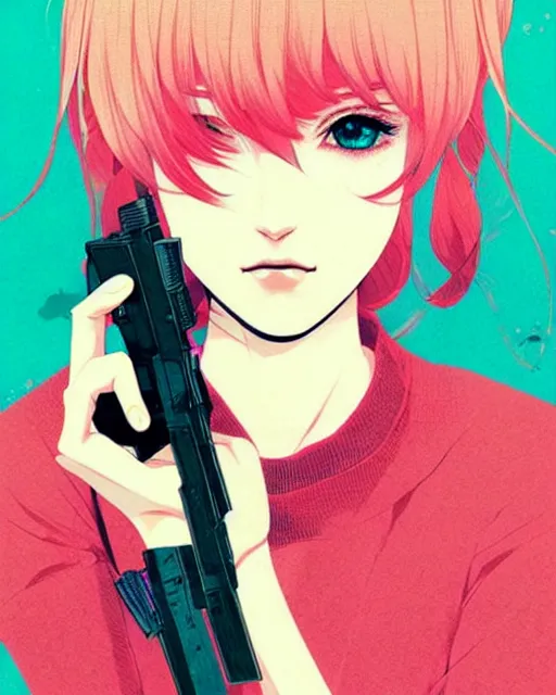 Image similar to girl holding flashbang, detailed manga illustration!! intricate details, beautiful perfect face, perfect body, aesthetically pleasing pastel colors, poster background, aesthetic details, art by conrad roset and ilya kuvshinov