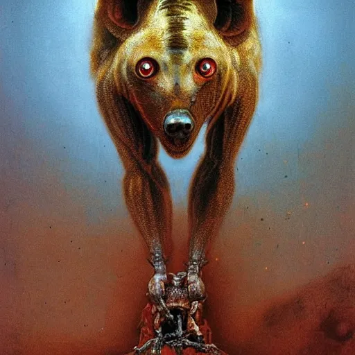 Prompt: spider morphed with a hyena, in sewer, highly detailed beksinski art