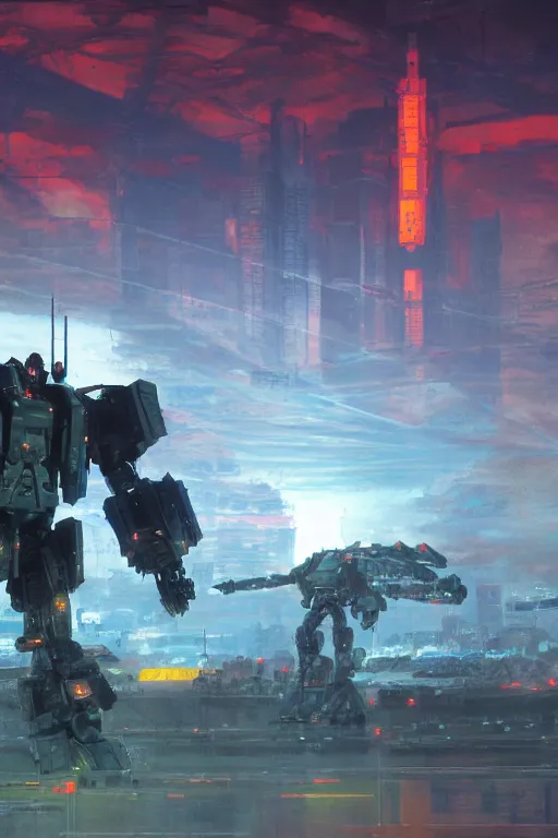 Image similar to A real photo of a Mechwarrior in battle stance, a sunset in the distance, by Josan Gonzalez, Yoji Shinkawa and Geof Darrow, highly detailed, Unreal Engine Render, lots of neon lights on the robot, 3D, 8k wallpaper, uplight