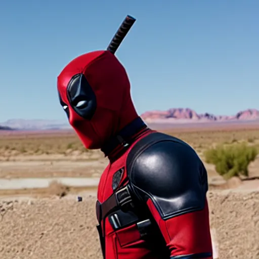 Image similar to deadpool sticking his head out of empty drained lake mead