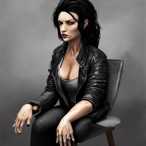 Image similar to a woman with black hair and a leather jacket and a grey shirt, sitting on a chair in a run down hotel room upset, muscular upper body, abs, gritty, d & d, fantasy, intricate, elegant, highly detailed, digital painting, artstation, smooth, sharp focus, illustration, unreal engine 5, face enhance, masterpiece