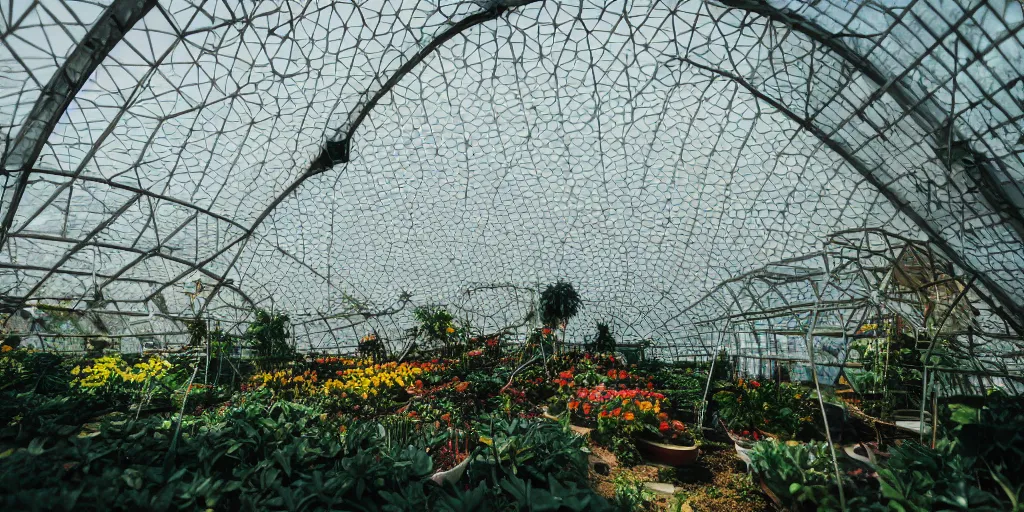 Image similar to geodesic dome greenhouse interior, bright colors, cinematic, cyberpunk, smooth, chrome, lofi, calming, dramatic, studio ghibli, high contrast, epic composition, hyper realistic, concept art, XF IQ4, 150MP, 50mm, F1.4, ISO 200, 1/160s, natural light, photolab