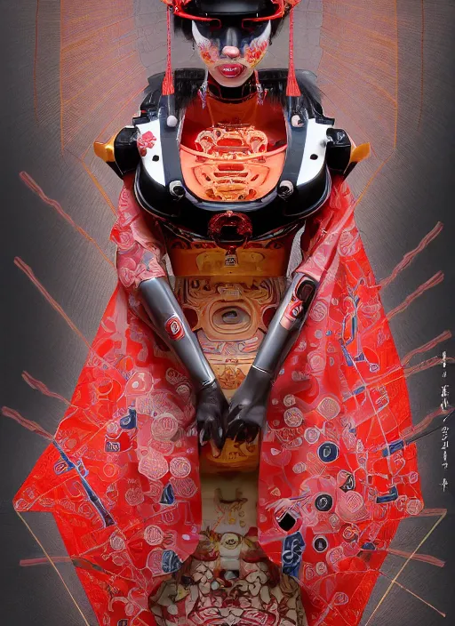 Prompt: portrait of a futuristic geisha cyborg, with a red kimono with japanese golden signs written on it, kintsugi, modern fine art, fractal, intricate, elegant, highly detailed, digital photography, parallax, subsurface scattering, in the style of ghost, by jheronimus bosch and yue minjun and greg rutkowski,