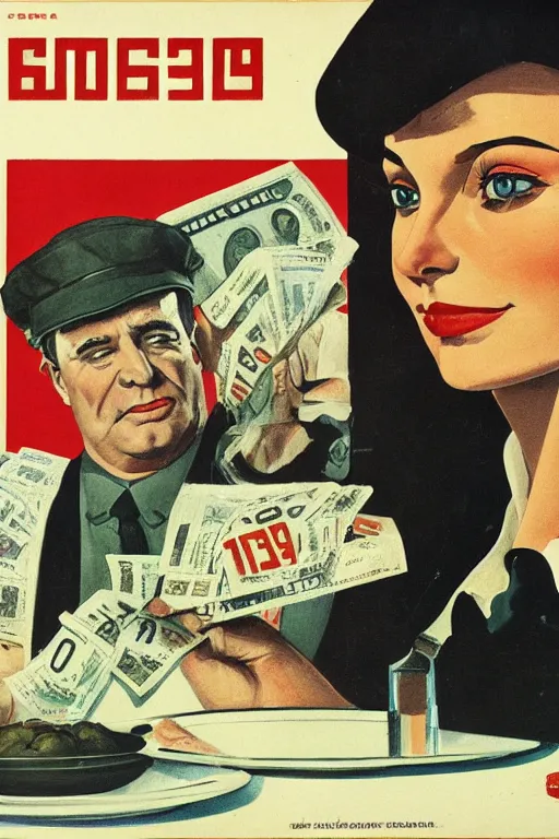 Image similar to a weight with a businesswoman on the left plate and cash on the right plate. poster illustration, soviet realist poster art