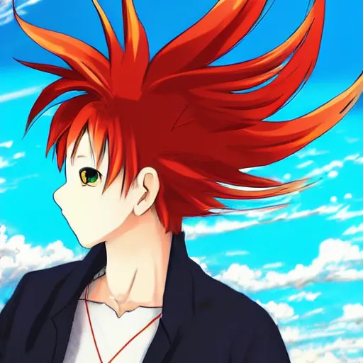 Image similar to orange - haired anime boy, 1 7 - year - old anime boy with wild spiky hair, wearing red jacket, flying through sky, jumping through clouds, late evening, blue hour, cirrus clouds, pearly sky, ultra - realistic, sharp details, subsurface scattering, blue sunshine, intricate details, hd anime, 2 0 1 9 anime