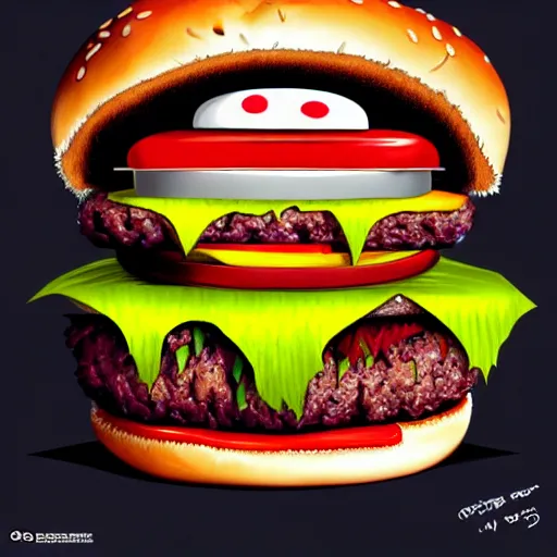 Image similar to a burger monster with a hamburger head, hamburger monster, burger face, burger with human eyes, burger with human mouth, teeth, very detailed eyes, french fries as arms, character concept art, fantasy, intricate, fantasy drawing, illustration, highly detailed, hyperrealistic, cgsociety, artstation, oil painting by greg rutkowski, by artgerm
