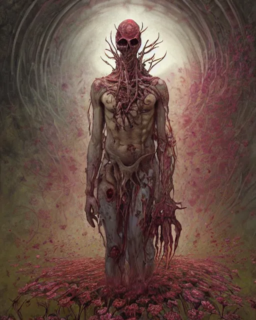 Prompt: the platonic ideal of flowers, rotting, insects and praying of cletus kasady carnage davinci dementor chtulu mandala ponyo dinotopia the witcher, fantasy, ego death, decay, dmt, psilocybin, concept art by randy vargas and greg rutkowski and ruan jia and zdzisław beksinski