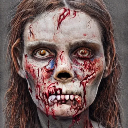 Prompt: Intricate five star Zombie Facial portrait by Anna Kullberg, Colored pencil on paper, high detail, skin texture, photo realistic, hyperrealism,matte finish, high contrast, 3d depth, masterpiece, vivid and vibrant colors, Prismacolor Pencils,artstationhd