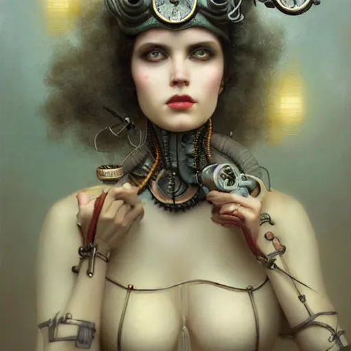 Prompt: by tom bagshaw, ultra realist vivid soft painting of a carnival of curiosities, single curvy flirt etheral young steampunk female with magnificent eyes in a full ornated armor, gears, cables, led, flying machinery, partial symmetry accurate features, very intricate details, focus, award winning, ultra dense fog