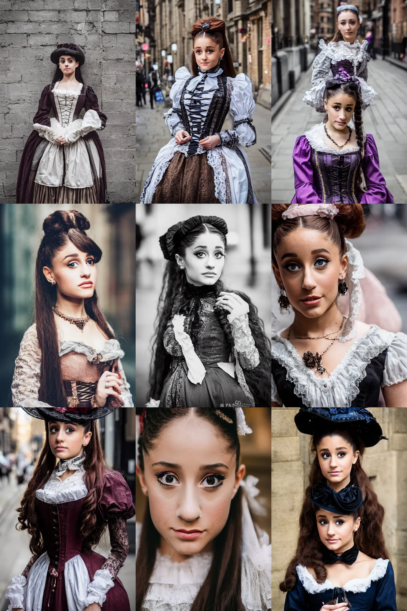 Prompt: Ariana Grande Victorian Era clothing, walking through the streets of London, XF IQ4, f/1.4, ISO 200, 1/160s, 8K, symmetrical face. beautiful eyes