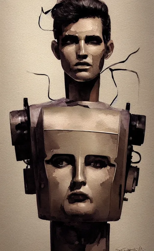 Image similar to a painting a robot with the face of a elvis presley trending on artstation in the style of greg rutkowski, 3 d, watercolor, beautiful, young, portrait