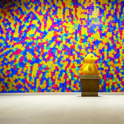 Prompt: wide shot, one! photorealistic rubber duck in foreground on a pedestal in an cavernous museum, the walls are covered floor to ceiling with colorful geometric tessellated wall paintings in the style of sol lewitt, tall arched stone doorways, through the doorways are more mural paintings in the style of sol lewitt.