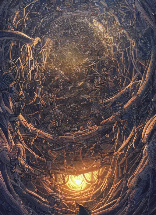 Image similar to crows nest like a wreath, cruelty, black crows, light effect, hyper detailed, intricate, elegant, highly detailed, digital painting, artstation, concept art, matte, sharp focus, illustration, by dan mumford, yusuke murata, makoto shinkai, ross tran