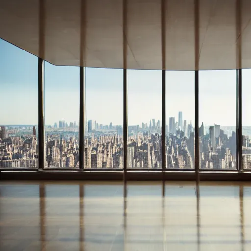 Prompt: clean glass table overlooking blurred new york city skyline on a sunny day, zen minimalist clean