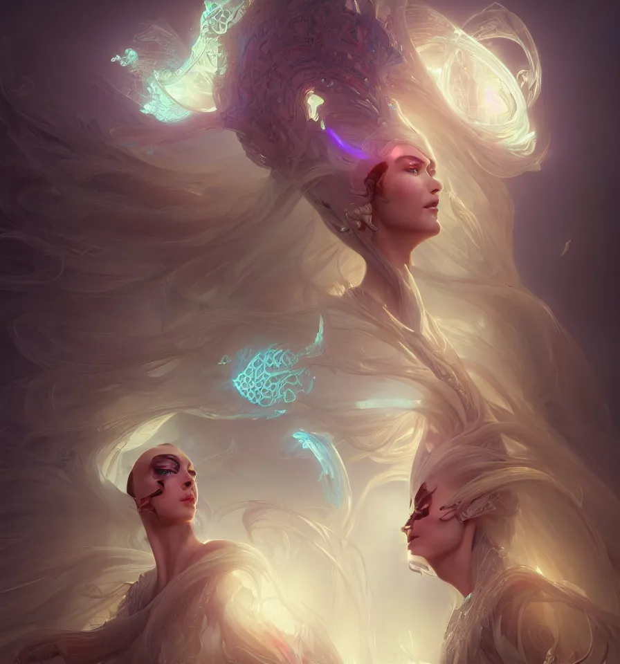 Image similar to portrait of a beautiful princess in robe. bio luminescent biomechanical halo around head. artwork by jarold Sng by artgerm, by Eddie Mendoza, by Peter mohrbacher by tooth wu, unreal engine, octane render, cinematic light, high details, iridescent colors, dichroic, macro