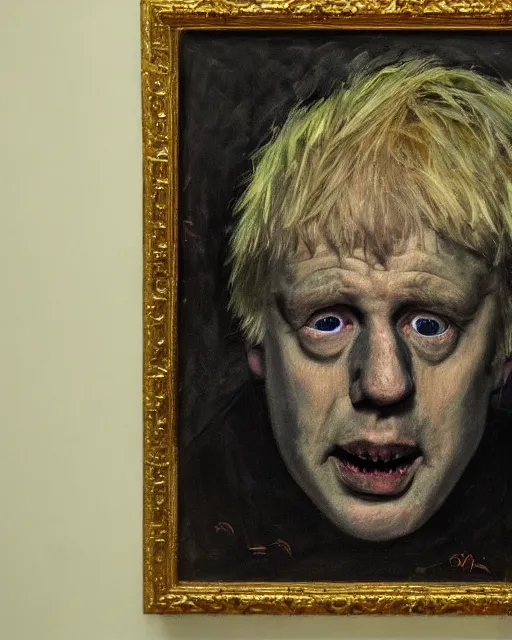 Prompt: dark impressionist painting of a portrait of a horror monster looking like boris johnson