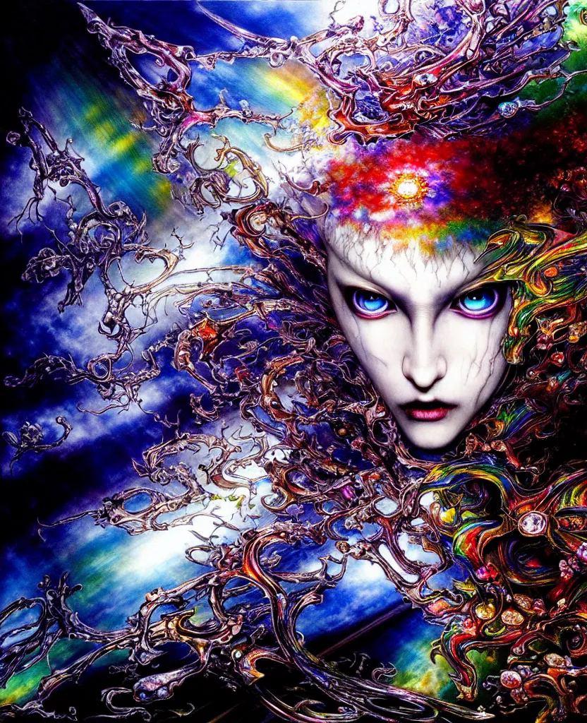 Prompt: realistic detailed image of ultra wrathful rainbow diamond iridescent mega sybiote, depth perception, depth of field, action horror by ayami kojima, neo - gothic, gothic, part by adrian ghenie and gerhard richter. art by yoshitaka amano. masterpiece