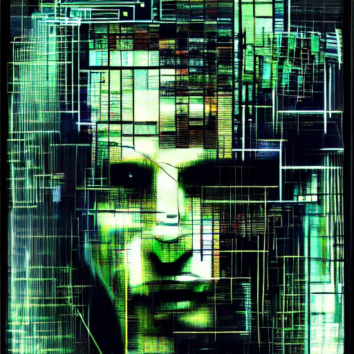 Image similar to hyperrealistic portrait of a cyberpunk man, teenager, long hair, immersed within a network, glitch eyes, by Guy Denning, Johannes Itten, Derek Gores, Russ Mills, glitch art, smooth lines, fine detail, polished, complex, hacking effects, holographic, digital tech effects, green, color blocking!, realistic, acrylic on canvas, concept art, abstract!, symmetrical, 8k, concept art, octane, photorealistic, cgsociety, trending on artstation