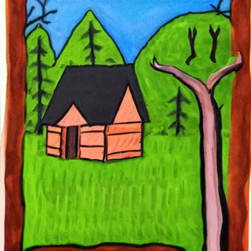 Image similar to a painting of a eerie cabin in the middle of the woods in the style of a kindergarten finger painting