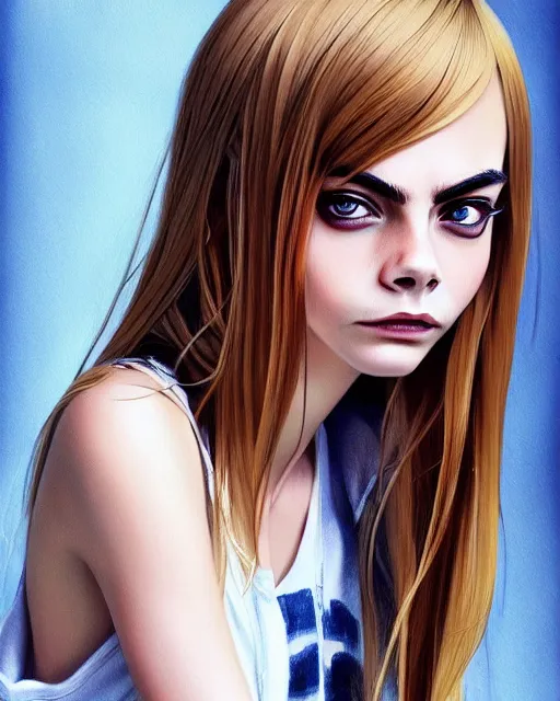 Image similar to portrait of Cara Delevingne as Anime girl cute-fine-face, full body! pretty face, realistic shaded Perfect face, fine details. Anime. realistic shaded lighting by Ilya Kuvshinov Giuseppe Dangelico Pino and Michael Garmash and Rob Rey