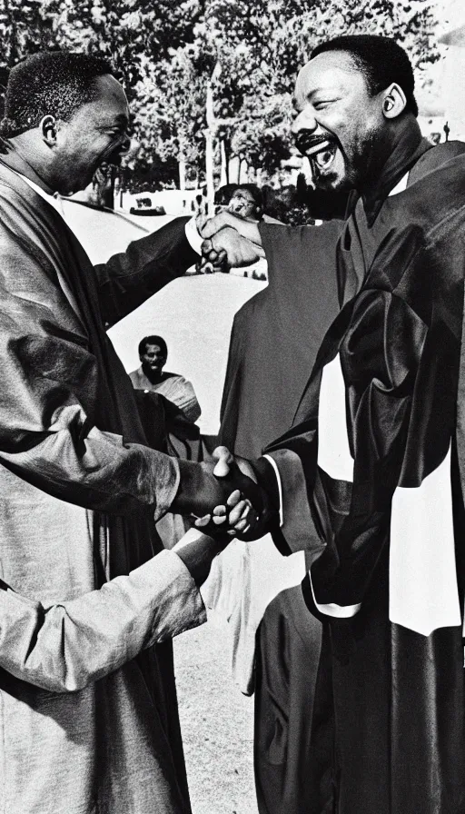 Image similar to black jesus shaking hands with martin luther king, photorealistic