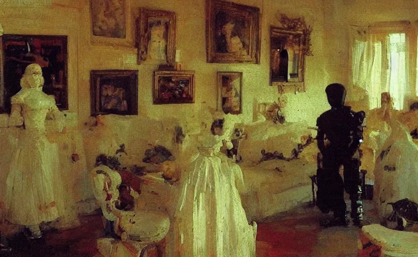 Prompt: high quality high detail painting by ilya repin, robots taking over the house, hd