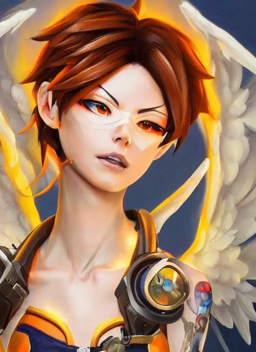 Image similar to full body oil painting of tracer overwatch in the style of mark brooks, angel wings, dramatic painting, symmetrical composition, wearing gold detailed choker, angelic, lights, flowers, heavenly, bright, detailed face,