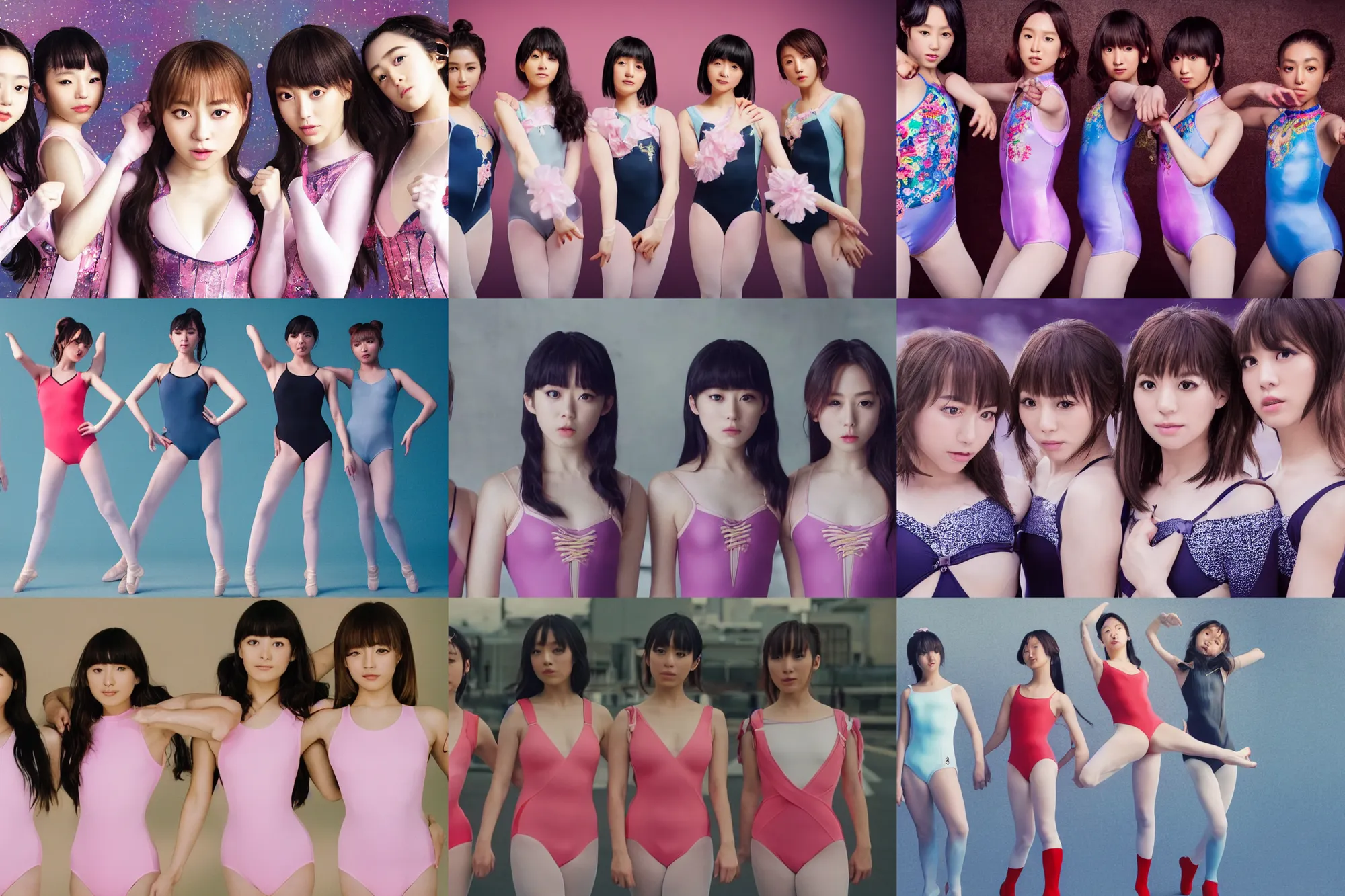 Image similar to unbelievably beautiful, perfect, dynamic, epic, cinematic 8 k hd movie shot, three beautiful cute young j - pop idols actresses in japanese girl band, posing together in leotards. motion, vfx, inspirational arthouse, high budget, hollywood style, at behance, at netflix, with instagram filters, photoshop, adobe lightroom, adobe after effects, taken with polaroid kodak portra