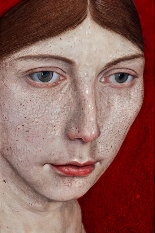 Prompt: hyperrealism extreme close-up portrait of medieval female with freckles, in red paint, pale skin, wearing dark silk, in style of classicism