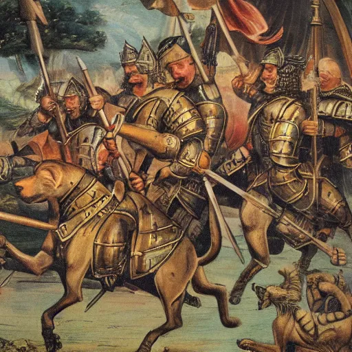 Image similar to Warrior dogs riding lions into battle, medieval weapons and armour